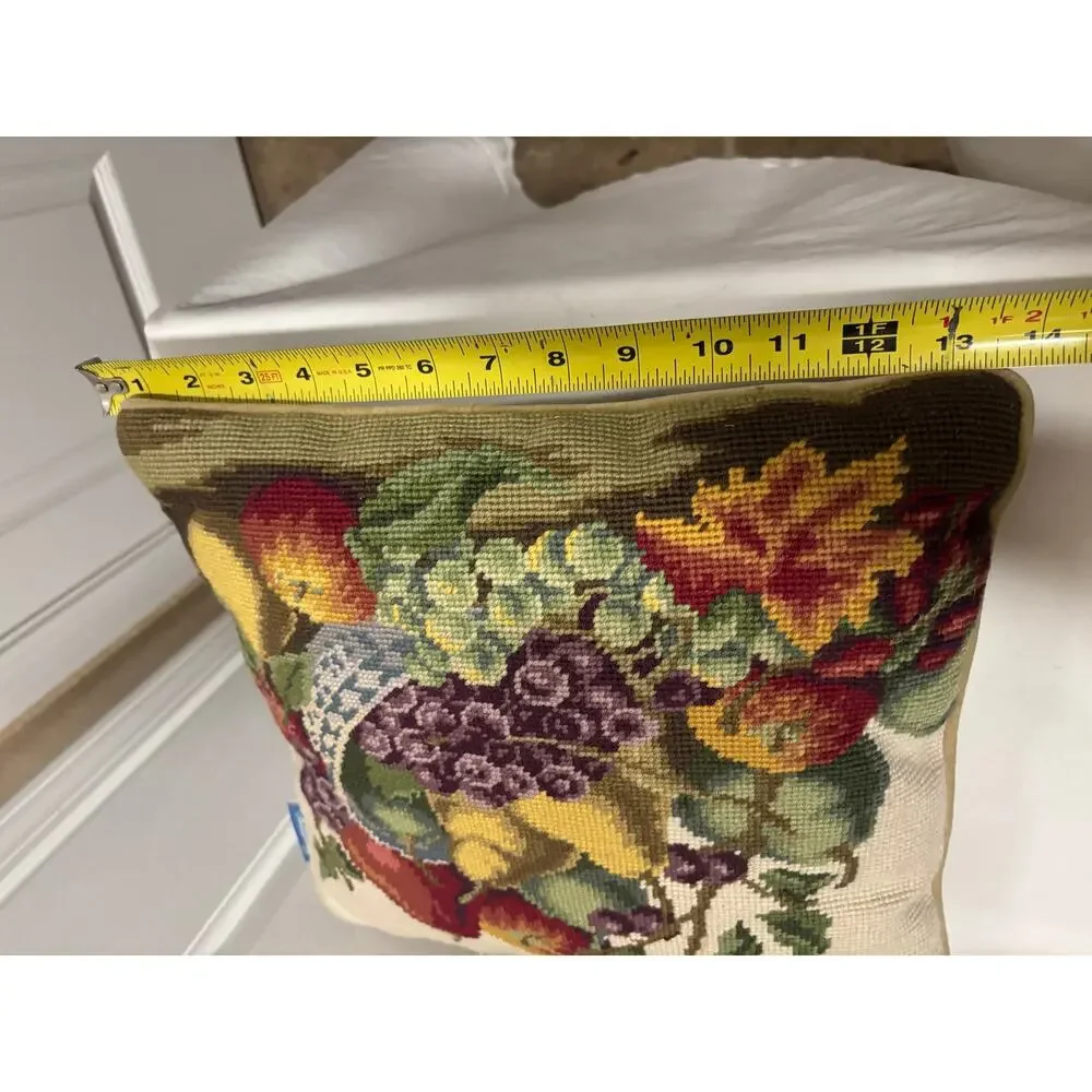 Vintage Williamsburg Needlepoint Pillow Fruit Basket Tapestry Cottage Decor 13”
